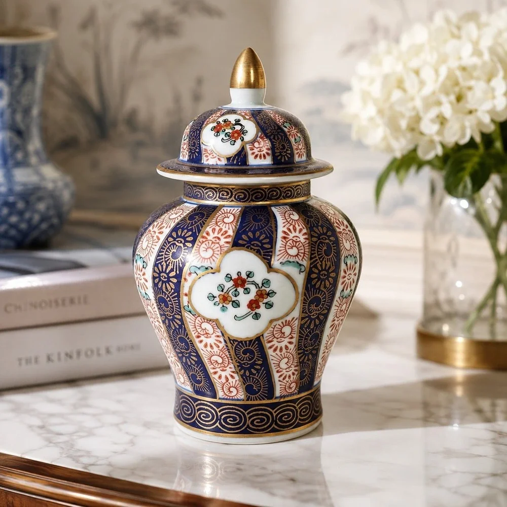 Gold Imari Hand Painted Porcelain Ginger Jar Blue Red Gold Floral 7